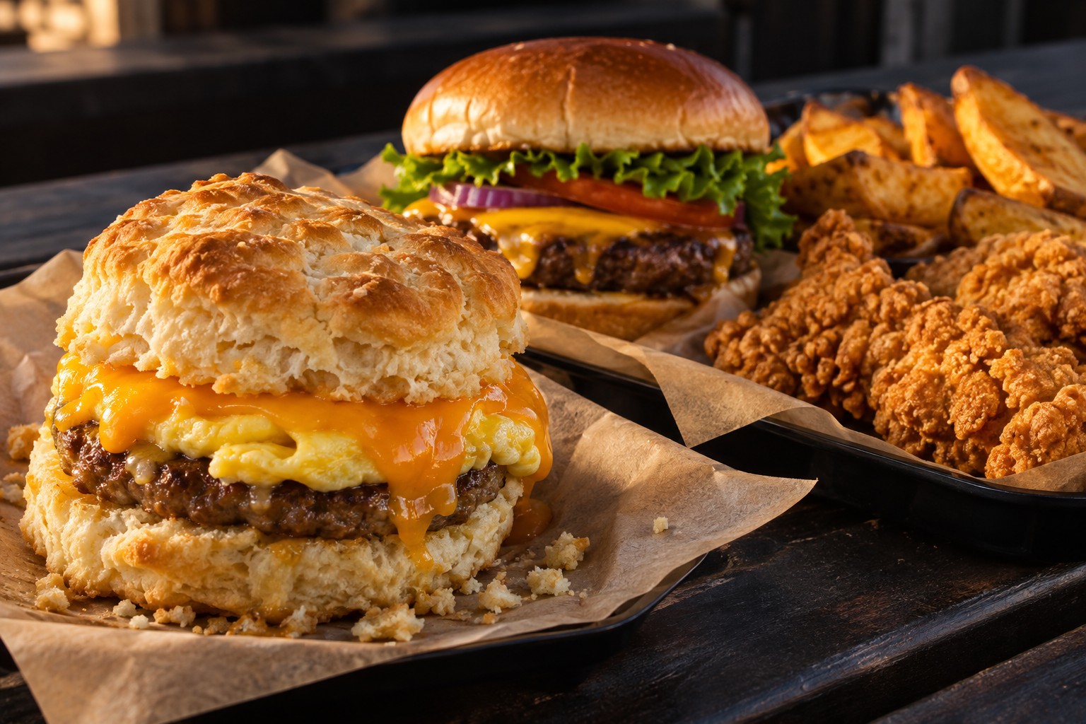 Southern deli favorites with a biscuit sandwich, cheeseburger, chicken strips, and potato wedges